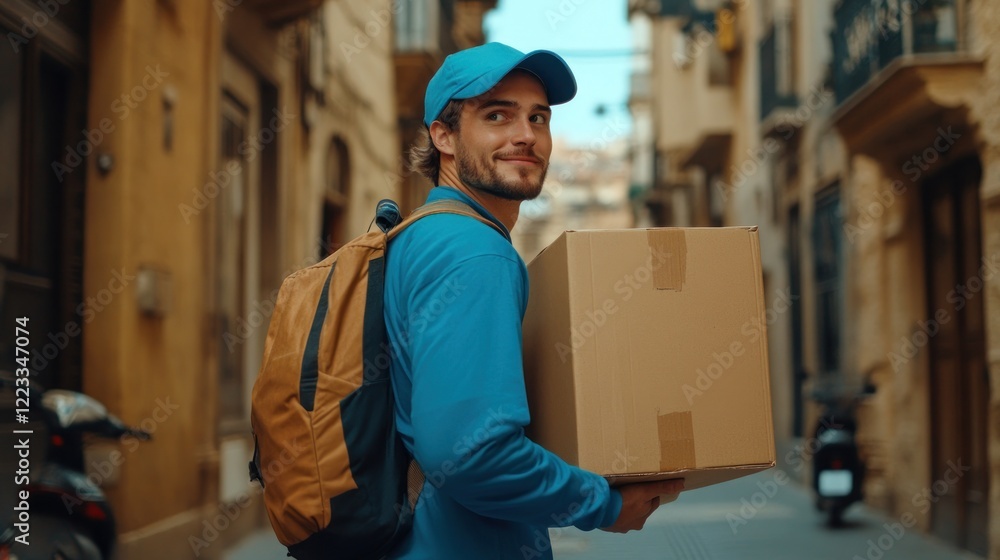 Young man with a backpack delivers a package in a charming urban alley on a sunny day Young man with a backpack delivers a package in a charming urban alley on a sunny day