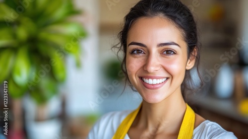 Woman with a warm smile stands in a bright kitchen adorned with green plants Free Download Woman with a warm smile stands in a bright kitchen adorned with green plants - GFXLoad