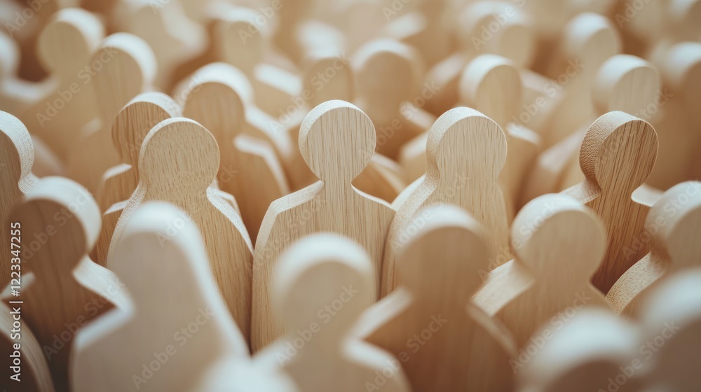 Fototapeta premium Various wooden figures are arranged closely, symbolizing community and interaction among people