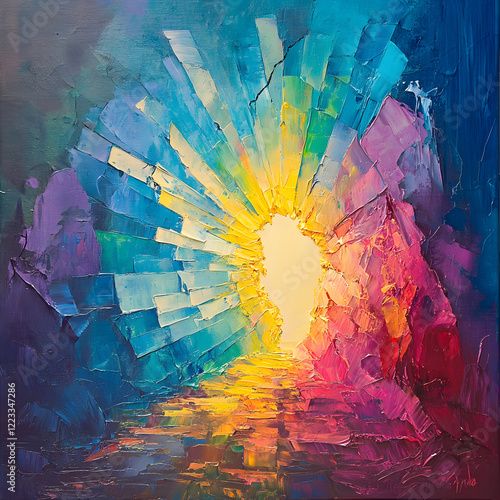 Vivid abstract art with radiant colors, bright sunburst, textured brushstrokes, gradient hues of blue, pink, yellow, purple, vibrant energy, perfect for modern and creative themes photo