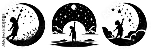 silhouettes of children reaching for stars in magical night scenes, black decorative vector
