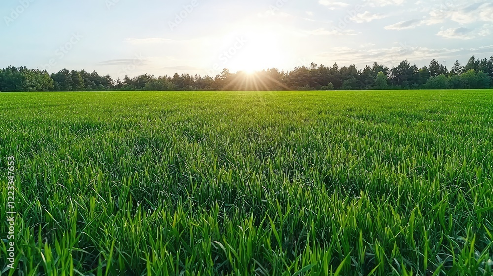 Sunset over green field, nature landscape, idyllic scene, peaceful rural background, perfect for travel brochures Sunset over green field, nature landscape, idyllic scene, peaceful rural background, perfect for travel brochures