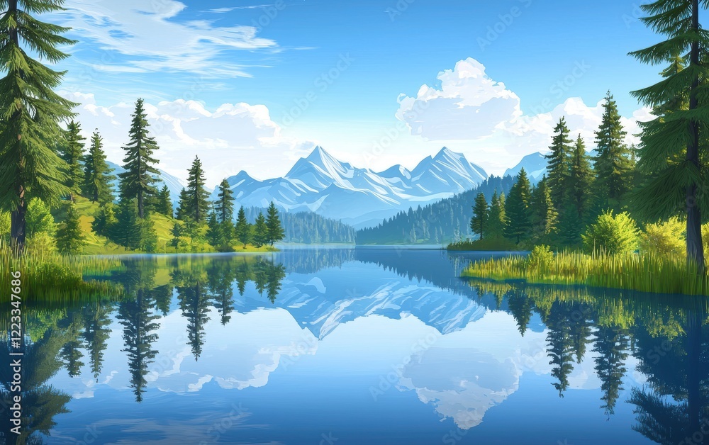 Obraz premium Realistic 3D icon cartoon of a serene lake surrounded by pine trees, with mountains in the distance