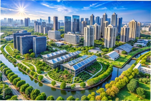 bird's eye view of a modern city with skyscrapers, parks and a river