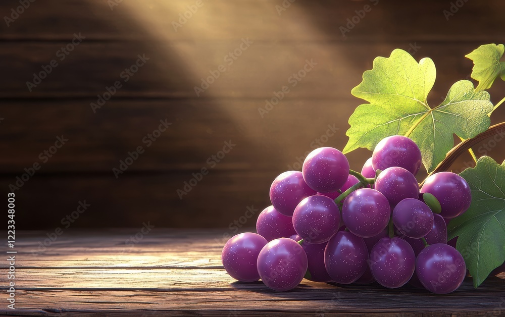 Realistic 3D icon cartoon purple grape cluster with natural shine, placed on a rustic wooden surface with soft natural light Realistic 3D icon cartoon purple grape cluster with natural shine, placed on a rustic wooden surface with soft natural light
