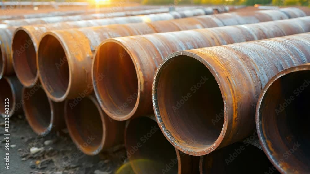 Rusty metal pipes organized in stacks at a construction area, highlighting the weathered textures and industrial environment Rusty metal pipes organized in stacks at a construction area, highlighting the weathered textures and industrial environment