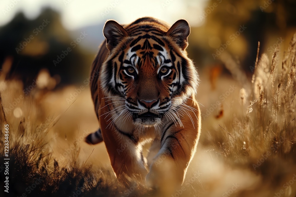 Obraz premium Majestic Tiger Roaming Through Lush Grassland, Showcasing Powerful Strides and Intricate Fur Patterns Under Bright Daylight