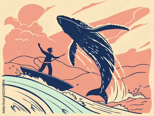 Illustration of a surfer with a big whale in the background