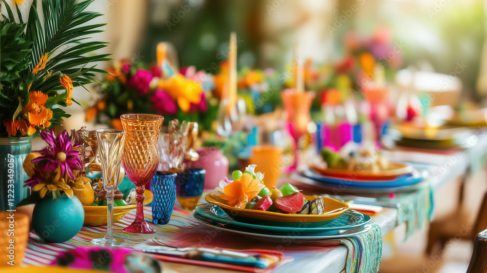 Colorful table setting celebrating a vibrant tropical summer party Colorful table setting celebrating a vibrant tropical summer party