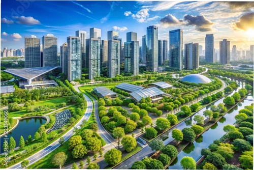 bird's eye view of a modern city with skyscrapers, parks and a river