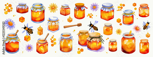 Bees, flowers, honey in a jar, honeycombs. A collection and a set of vector watercolor decorative elements for design, etc. Isolated on a white background.
