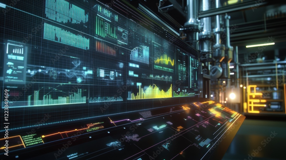 Fototapeta premium A highresolution image of a digital interface featuring multilayered graphs each layer representing different manufacturing phases and their respective KPIs.