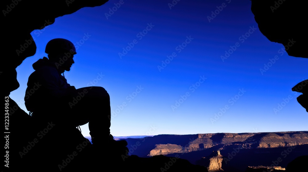 Silhouetted climber rests in cave overlooking vast canyon at sunset. Silhouetted climber rests in cave overlooking vast canyon at sunset.