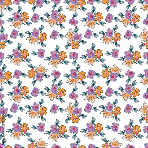 Colorful garden flowers on white background. Seamless vector pattern. Vintage print with inflorescences. Retro textile collection