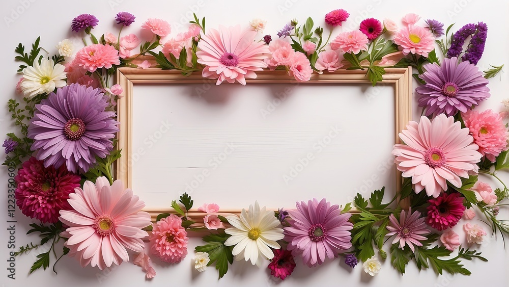 A wooden frame surrounded by a vibrant arrangement of flowers on a soft, light background. A wooden frame surrounded by a vibrant arrangement of flowers on a soft, light background.