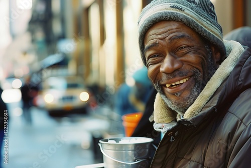 Wallpaper Mural Elderly african male smiling on city street holding bucket Torontodigital.ca