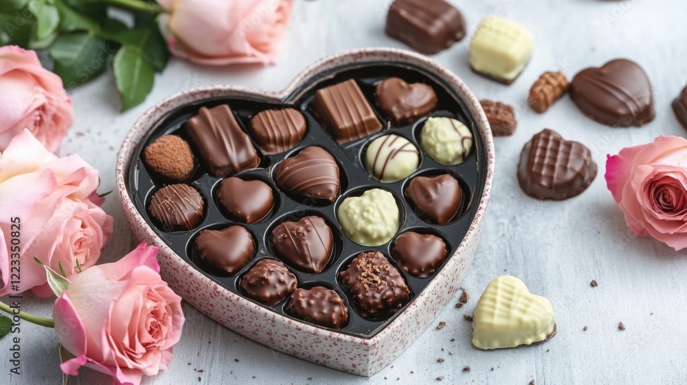 Assorted chocolates packaged in a heart-shaped box, perfect for gift-giving or treating yourself Assorted chocolates packaged in a heart-shaped box, perfect for gift-giving or treating yourself