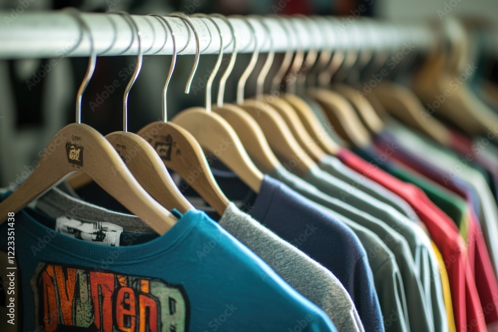 Fototapeta premium Hanging clothing rack with various colored shirts