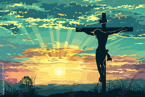 Silhouette of Crucifix in Open Hands, Sunbeams Shining Through, Spiritual Landscape Background