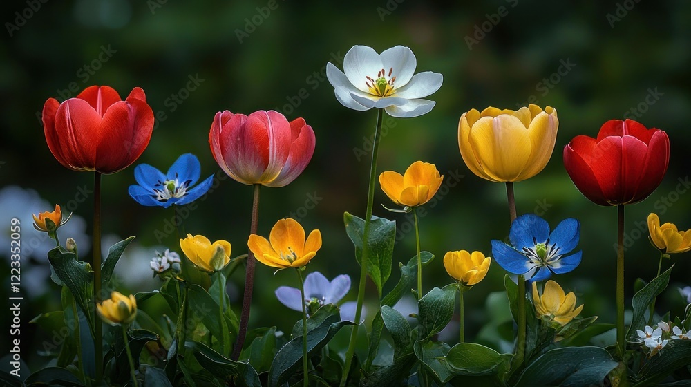 Colorful tulips and wildflowers garden spring bloom Colorful tulips and wildflowers garden spring bloom