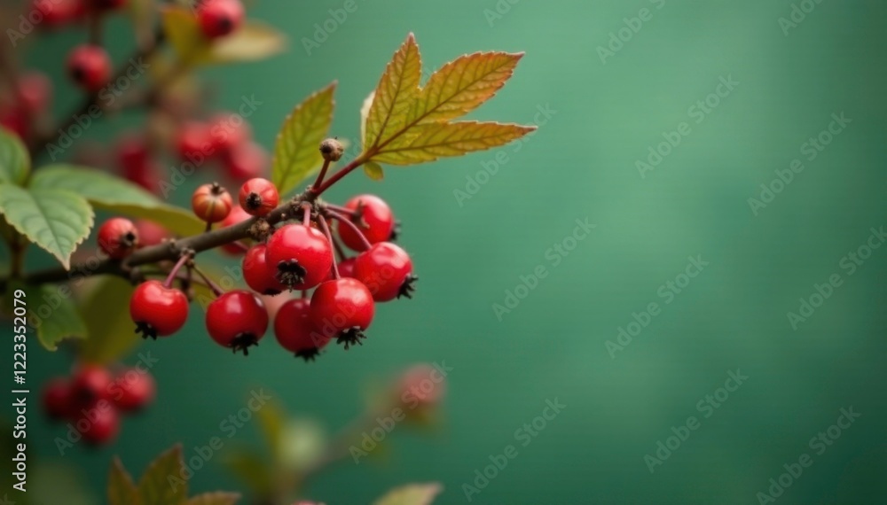 Red berries against muted green background with stems and branches, cotoneaster, color palette, autumnal Red berries against muted green background with stems and branches, cotoneaster, color palette, autumnal