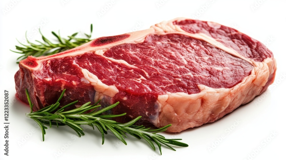 Fresh Raw Beef Steak on White Background with Rosemary Garnish Fresh Raw Beef Steak on White Background with Rosemary Garnish