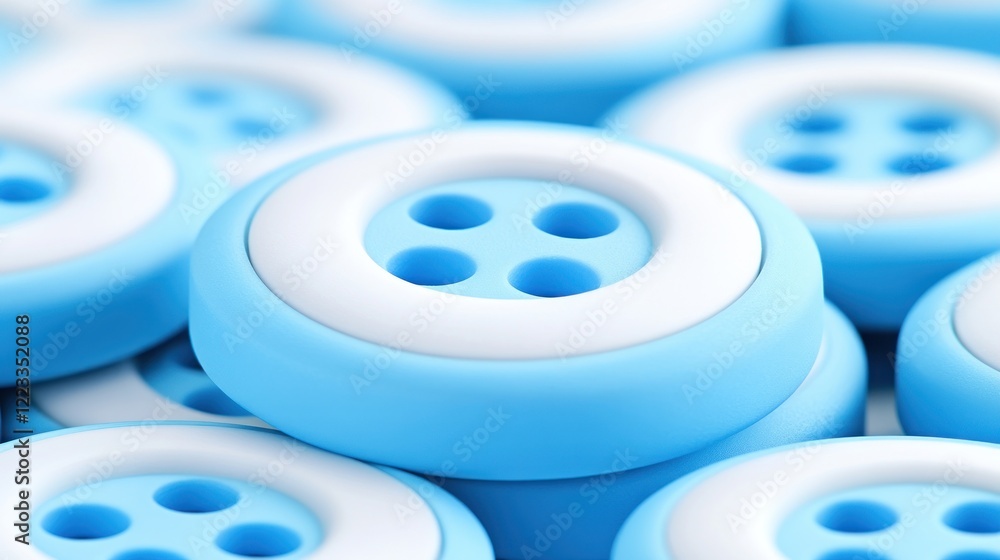 Close-up of many light blue plastic buttons with four holes. Close-up of many light blue plastic buttons with four holes.