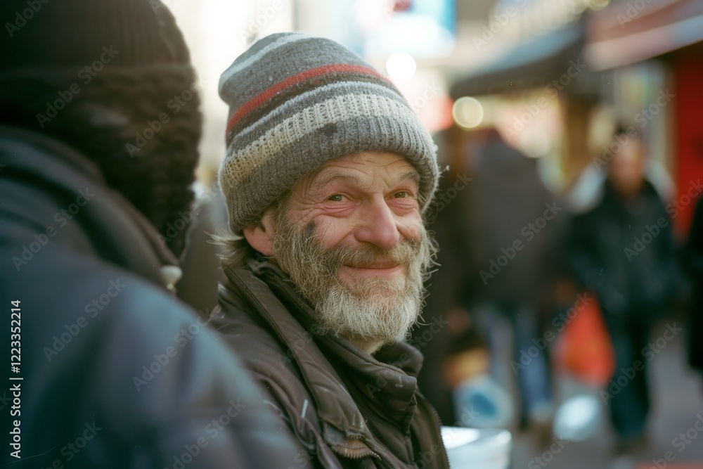 Fototapeta premium Elderly caucasian male with beard and knit hat smiling outdoors in urban environment