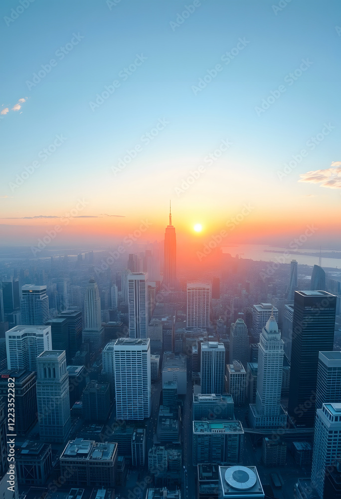 Fototapeta premium Panorama aerial view in the cityscape skyline and network connection concept, early morning sunrise scene, one line art, with white tones