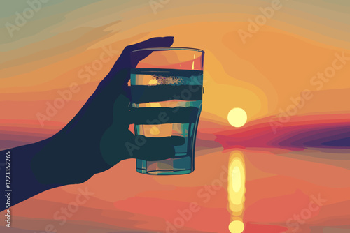 Silhouette of Hand Holding Glass of Fresh Drinking Water Against Vibrant Sunset Sky