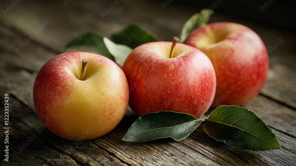 Close-up of fresh red apples with leaves on a rustic surface Close-up of fresh red apples with leaves on a rustic surface