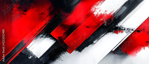 The image is a colorful abstract painting featuring red, white, and black lines. The red and white colors are dominant, with the black lines adding a sense of depth and contrast