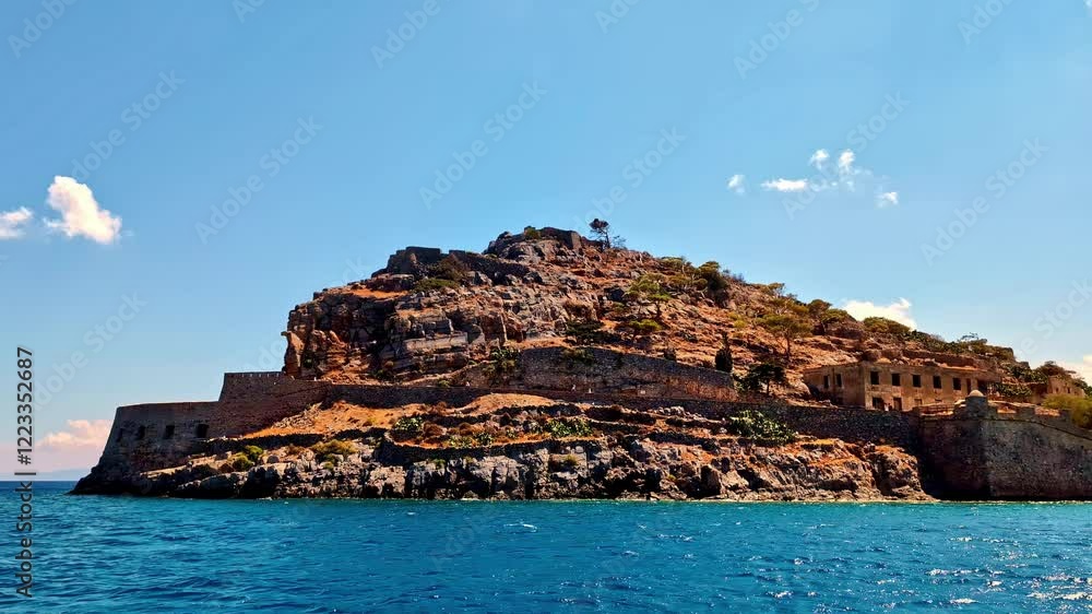 View from the water to the island of Spinalonga with the ruins of the fortress. View from the water to the island of Spinalonga with the ruins of the fortress.
