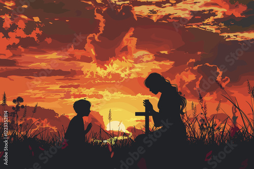 Silhouette of Mother and Son Praying with Cross at Sunset, Christianity Symbol