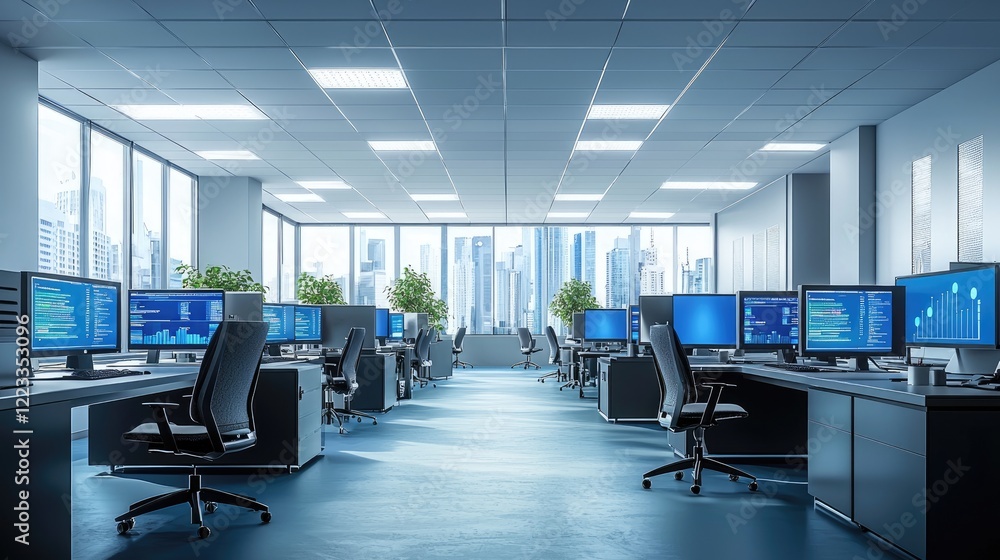 Futuristic Office Environment With Multiple High-Tech Monitors, Data Displays and Workstations in a Spacious Corporate Setting Futuristic Office Environment With Multiple High-Tech Monitors, Data Displays and Workstations in a Spacious Corporate Setting