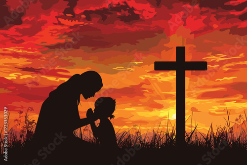 Silhouette of Mother and Son Praying with Cross at Sunset, Christianity Symbol