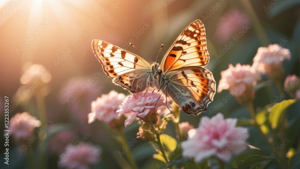 Fototapeta premium A delicate butterfly with light blue wings rests on a cluster of small white flowers,