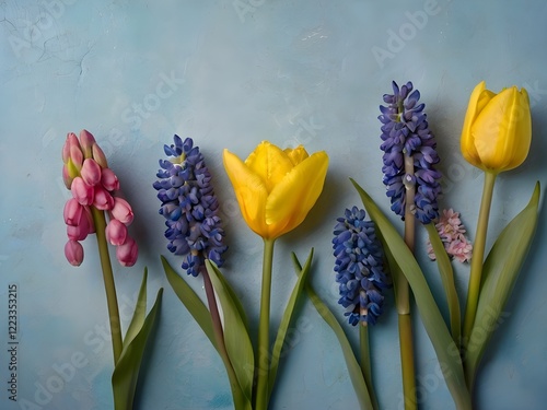 Colorful Spring Flowers Arranged Against a Blue Concrete Background
