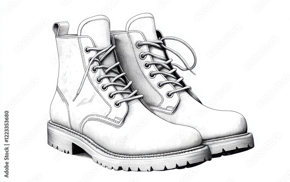 A monochrome vector illustration of a pair of ankle-high boots with metal eyelets and thin laces, featuring a smooth, sleek design A monochrome vector illustration of a pair of ankle-high boots with metal eyelets and thin laces, featuring a smooth, sleek design