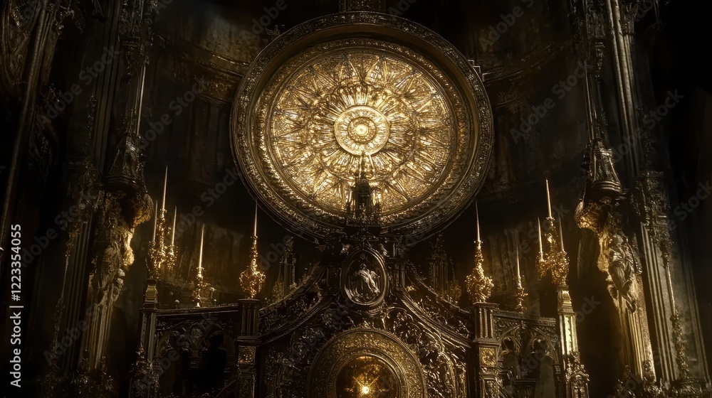 Obraz premium Ornate Golden Altarpiece In A Dark Cathedral