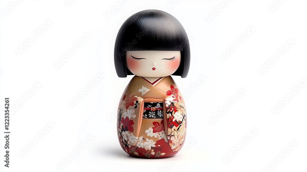A delicate Japanese doll, its porcelain face serene, stands alone against a stark white background. The intricate details of its kimono and obi, painted with vibrant hues A delicate Japanese doll, its porcelain face serene, stands alone against a stark white background. The intricate details of its kimono and obi, painted with vibrant hues