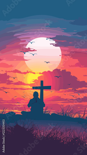 Silhouette of Person Praying at Cross in Serene Sunset Landscape