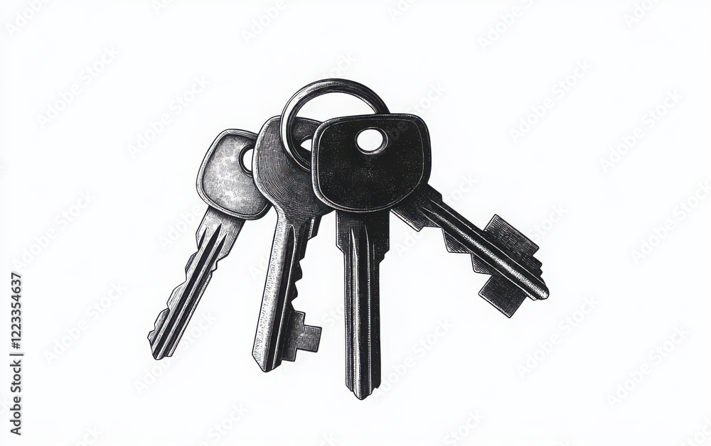 A monochrome vector illustration of a set of keys with large, round keychains, each key featuring different shapes (e.g., old-fashioned skeleton key, house key) A monochrome vector illustration of a set of keys with large, round keychains, each key featuring different shapes (e.g., old-fashioned skeleton key, house key)
