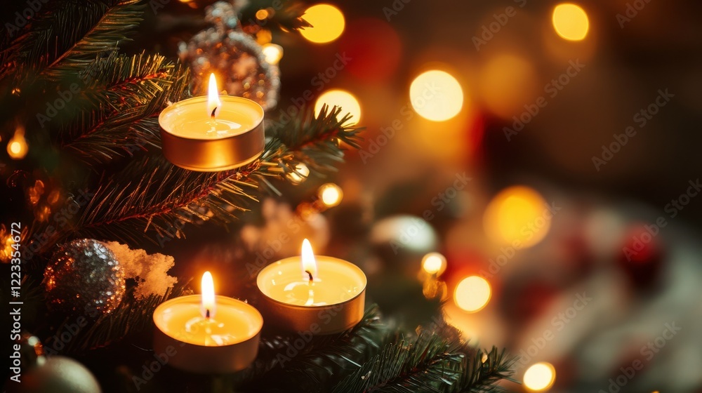 Glowing candles on festive christmas tree with ornaments and lights Glowing candles on festive christmas tree with ornaments and lights
