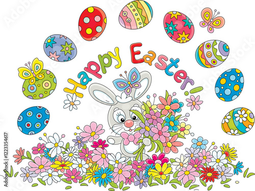 Greeting card with a happy Easter bunny, spring flowers and colorfully painted gift eggs with small butterflies merrily flying around, vector cartoon illustration on a white background