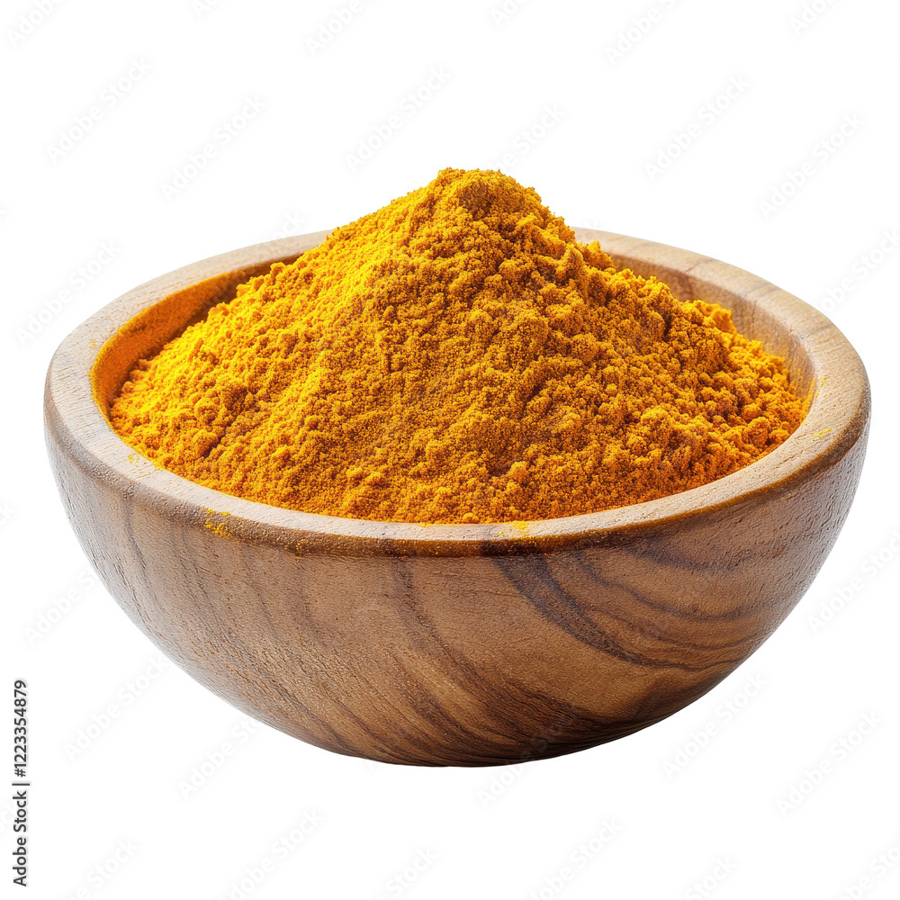 Turmeric powder in a wooden bowl isolated on a Transparent background showcasing vibrant color and fine texture, Turmeric powder in wood bowl isolated on PNG background Turmeric powder in a wooden bowl isolated on a Transparent background showcasing vibrant color and fine texture, Turmeric powder in wood bowl isolated on PNG background