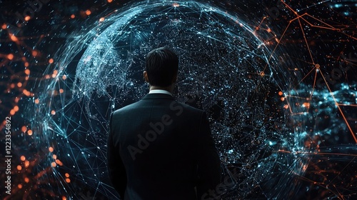Man in Suit Staring at Digital Globe Surrounded by Data Connections and Network Nodes Representing Global Connectivity and Technology Advancement