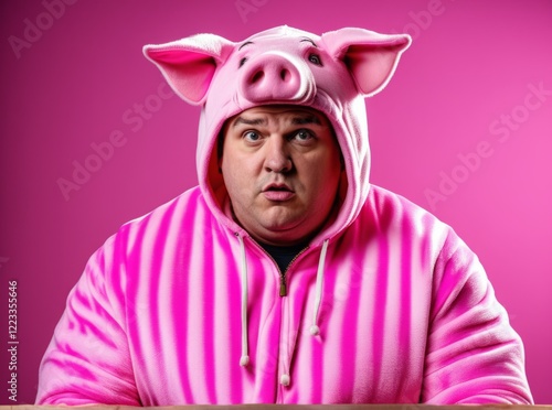 Comedian in pink striped pig costume poses against a vivid pink background during a themed performance photo