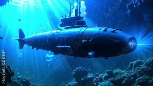 Wallpaper Mural Futuristic submarine exploring an underwater landscape with beams of light Torontodigital.ca