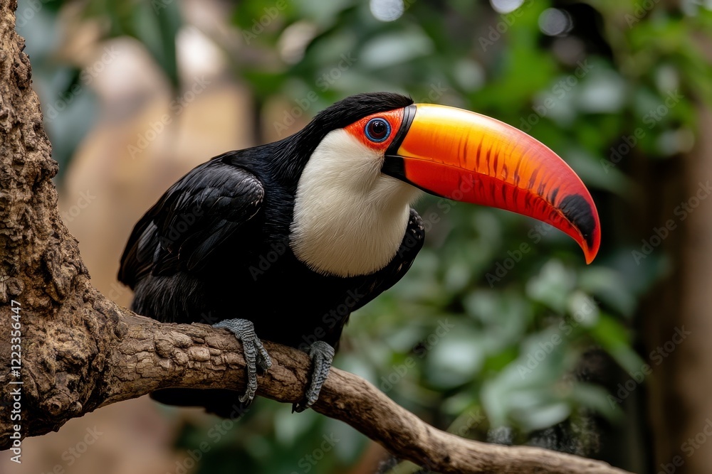 Fototapeta premium Toucan in Tree Canopy, Vibrant colors and intricate feather details, perched amidst lush greenery, showcasing the beauty of wildlife.